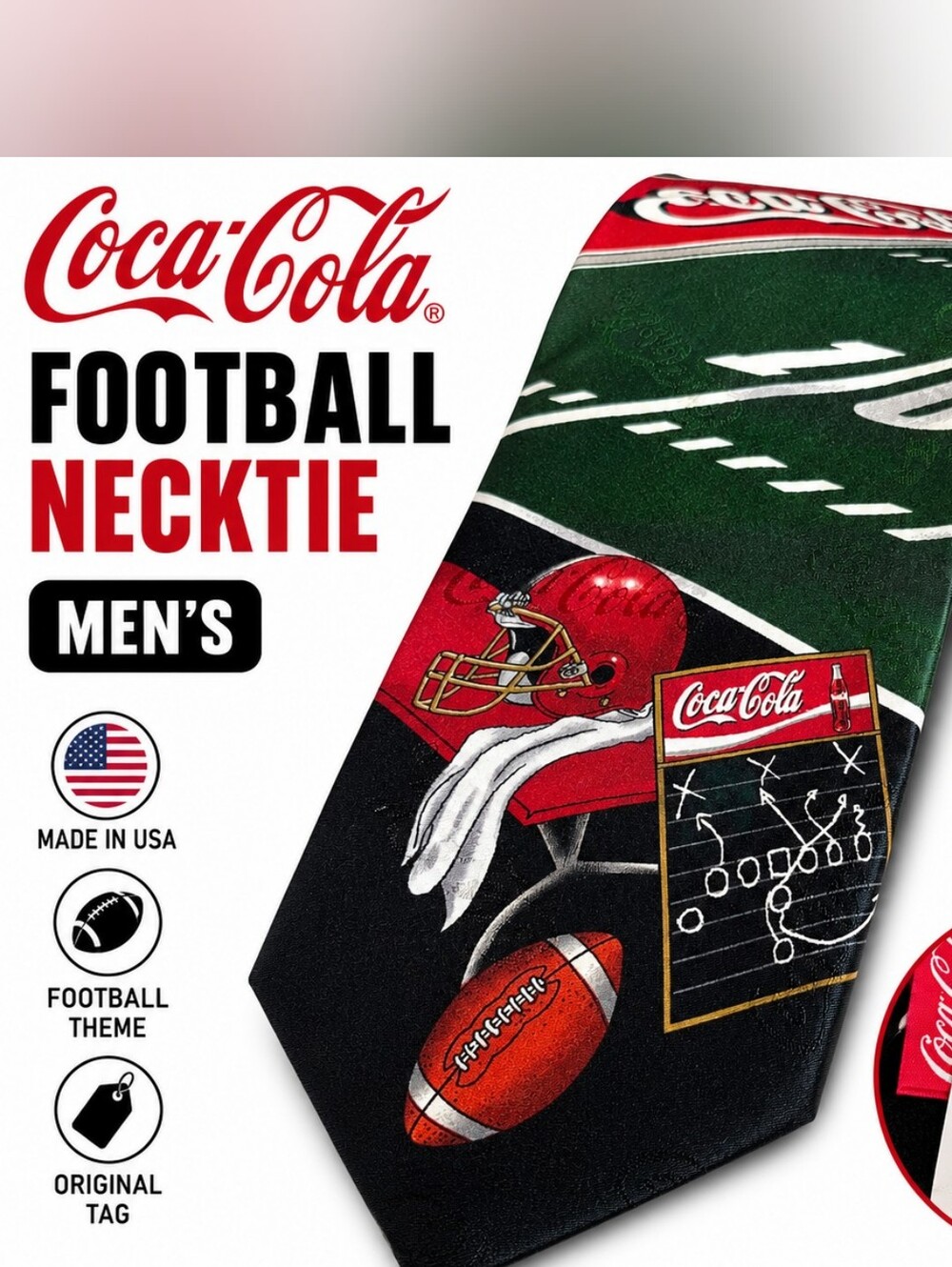 Vintage Coca Cola Football Necktie Mens NWT Made USA Novelty Coke Tie